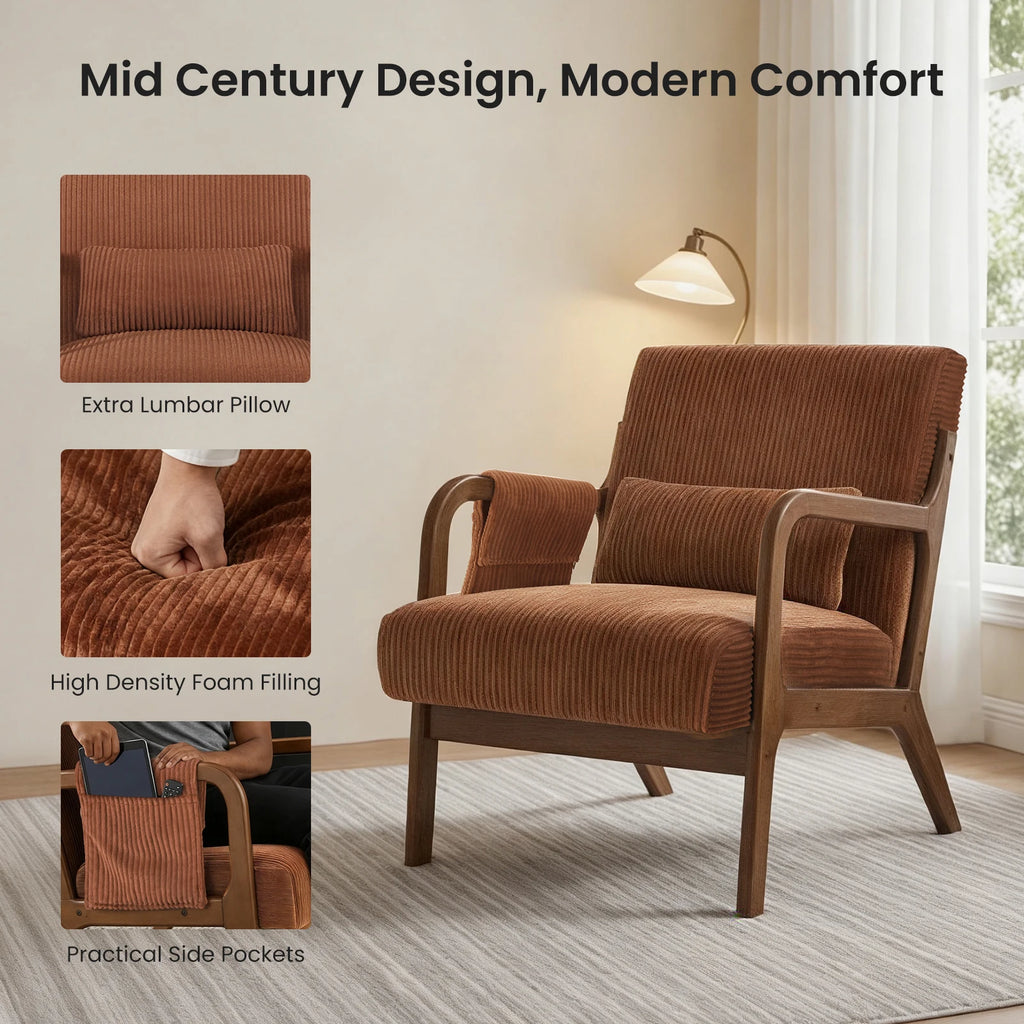 Mid-Century Solid Wood Frame Office Chair Ergonomic Armchair with Lumbar Pillow High Backrest Heavy Capacity for Office