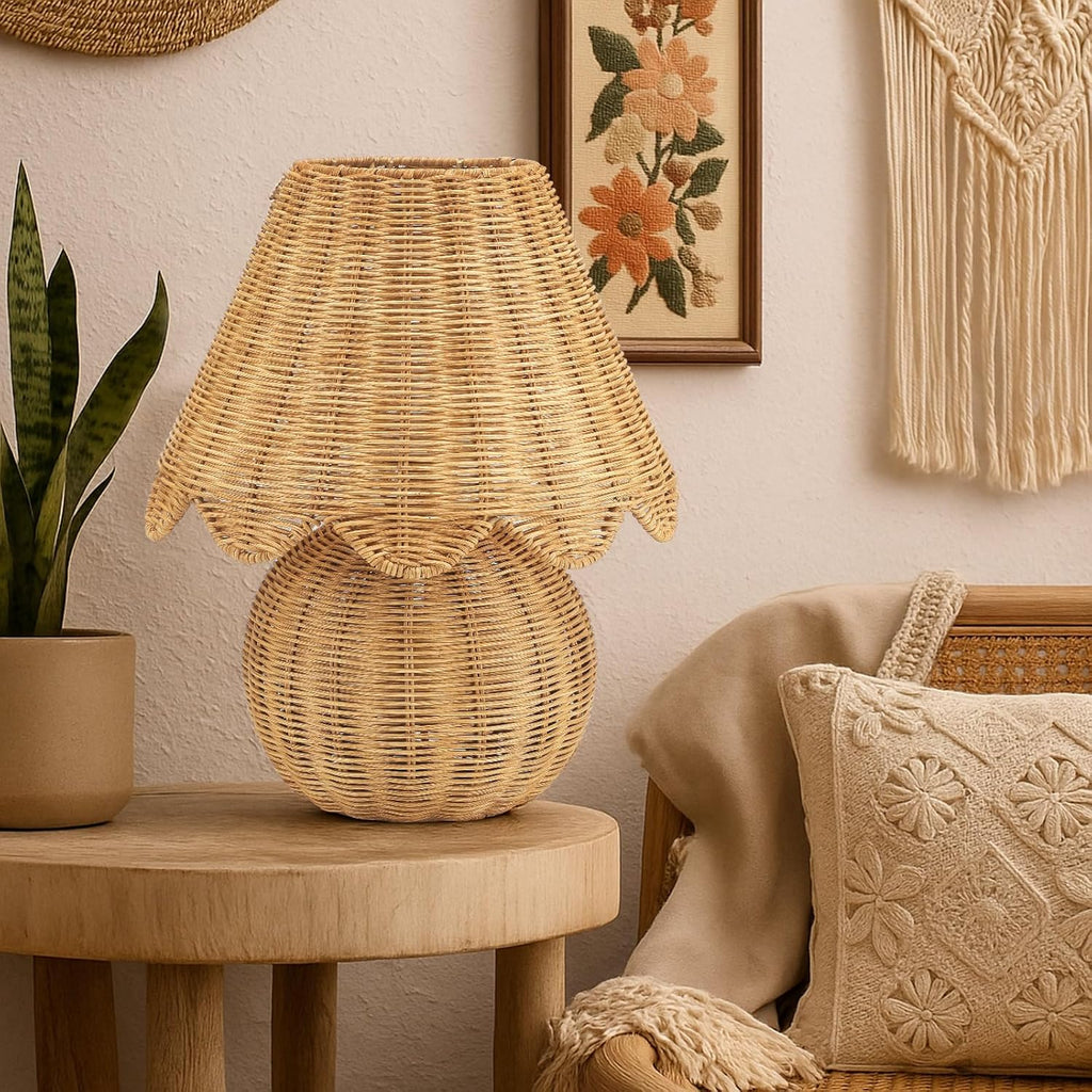 Rattan Table Lamp with Woven Base and Woven Lampshade Decorative Boho Table Lamp Farmhouse Tabletop Decoration for Living Room Bedrooms Nightstand Bedside Tabletop, Bulbs Include