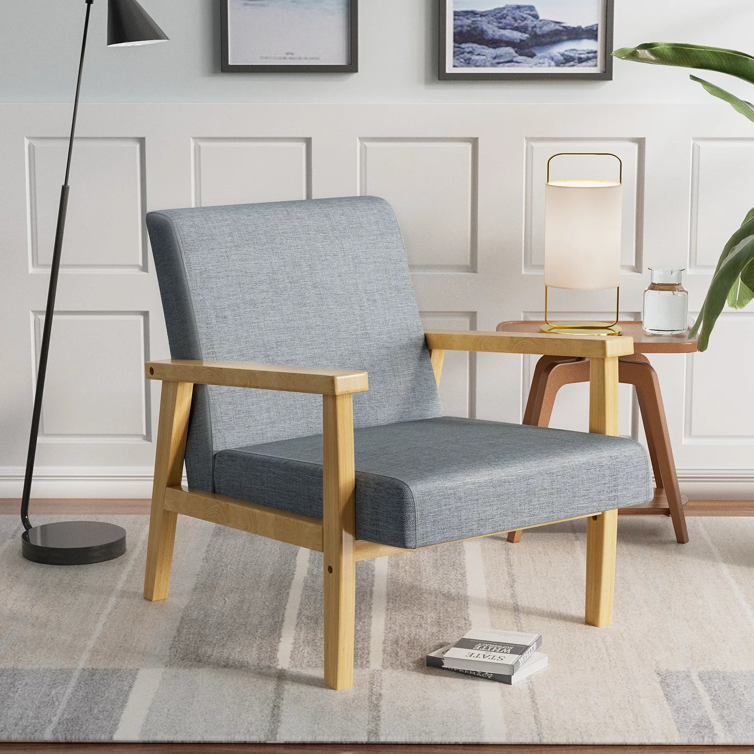 Modern Arm Chair Linen Fabric Upholstered Accent Chair with Solid Wood Frame Gray