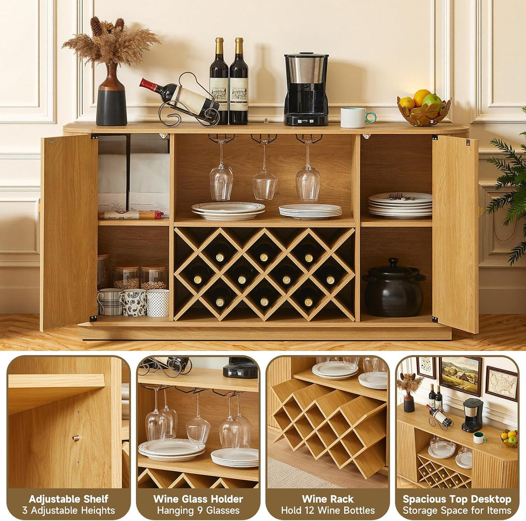 Fluted Wine Bar Cabinet with Storage, 58" Buffet Sideboard Cabinet Sideboard with Wine Rack & Glass Holder, Farmhouse Wine and Coffee Bar Cabinet for Living Room, Kitchen, Natural Color