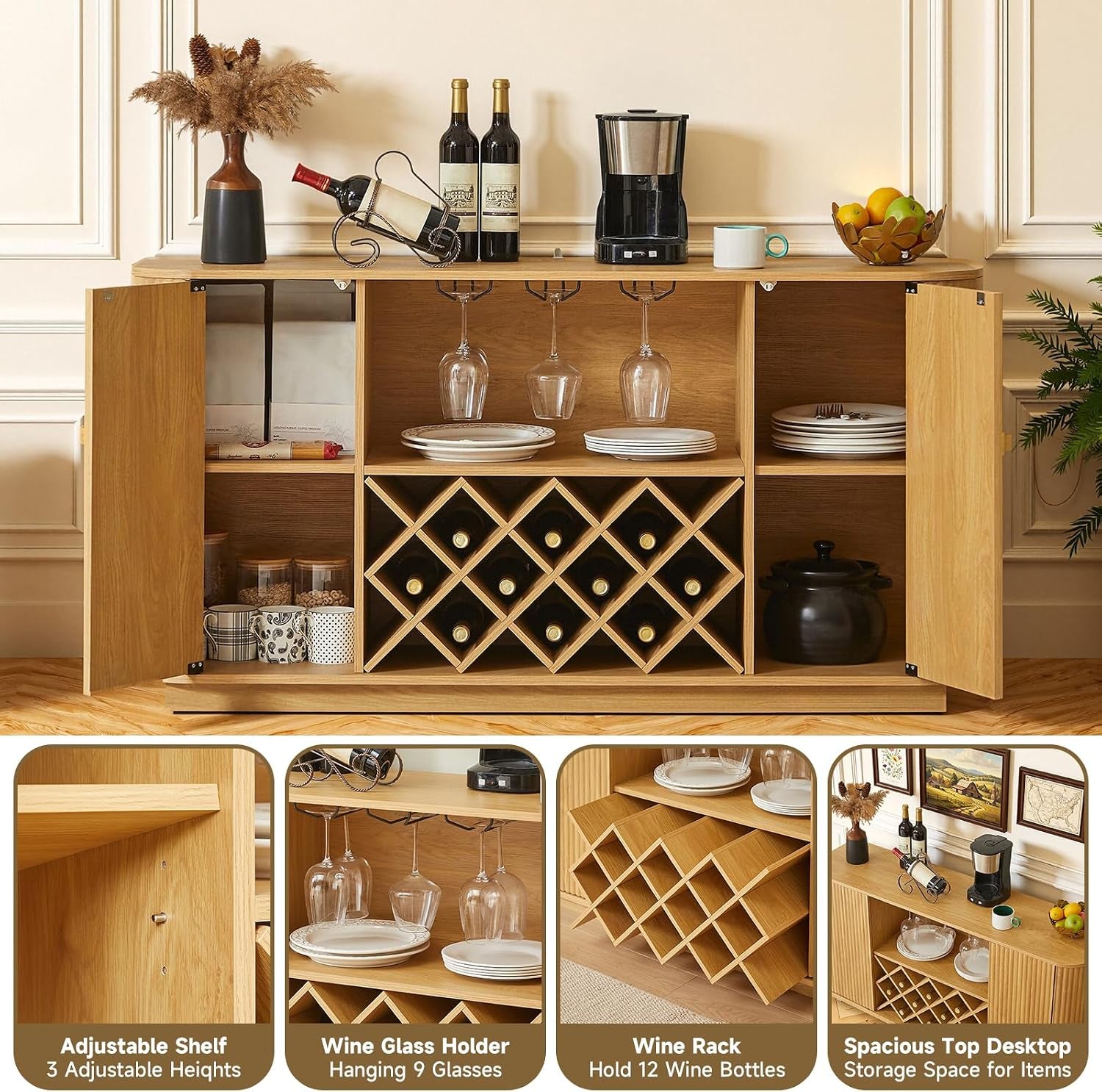 Fluted Wine Bar Cabinet with Storage, 58" Buffet Sideboard Cabinet Sideboard with Wine Rack & Glass Holder, Farmhouse Wine and Coffee Bar Cabinet for Living Room, Kitchen, Natural Color
