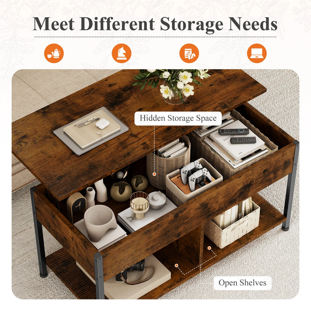 39IN Lift Top Coffee Table with Storage for Living Room Wood Adjustable 2 Shelves Easy Lift or Lower for Tea Dining Tables