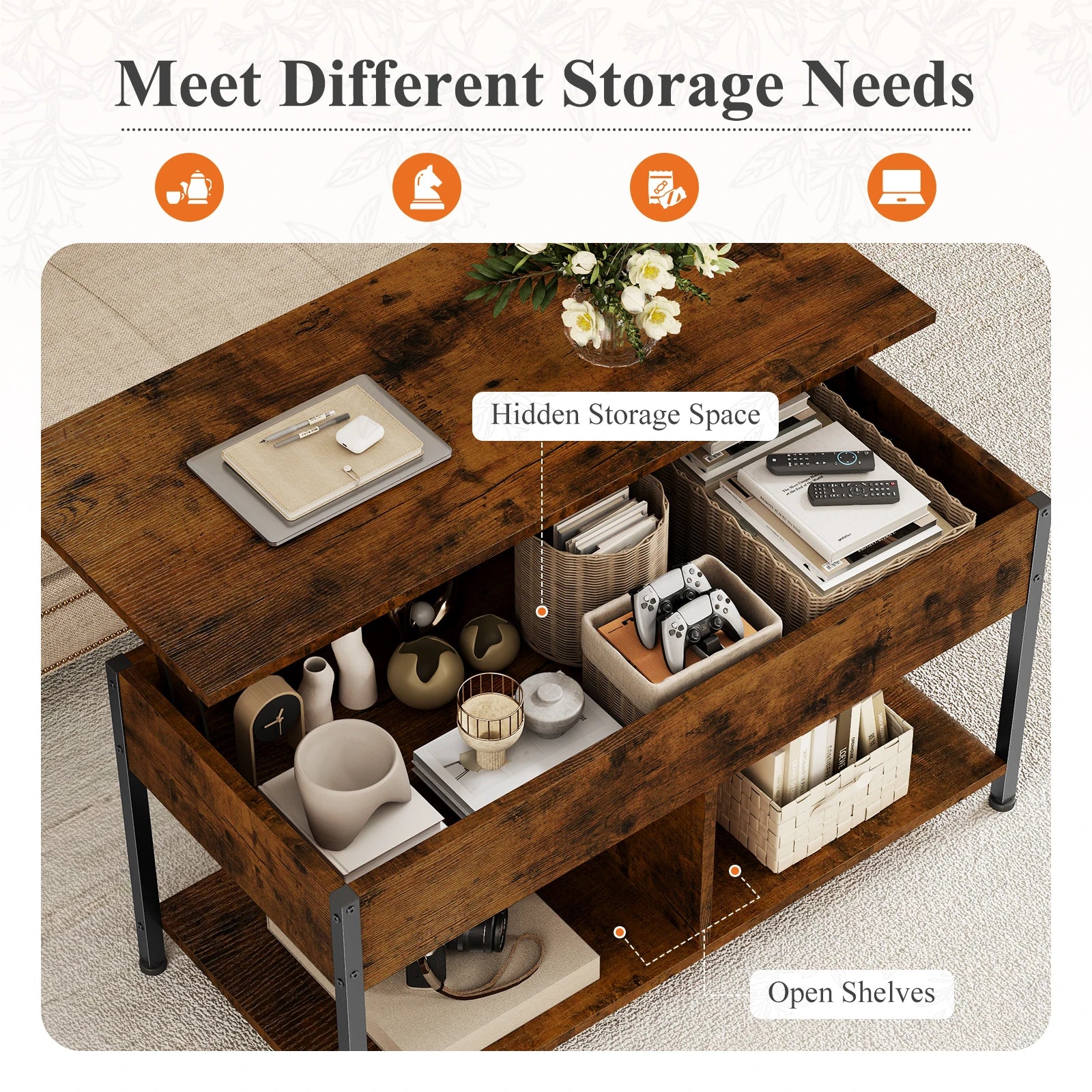 39IN Lift Top Coffee Table with Storage for Living Room Wood Adjustable 2 Shelves Easy Lift or Lower for Tea Dining Tables