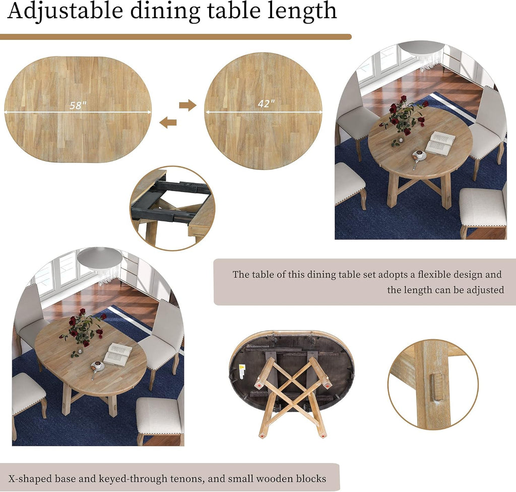 42"-58" round Extendable Dining Table, Solid Wood Dining Table with 16" Leaf, Farmhouse round Kitchen Table with Solid Wood Frame for 4-6, Natural Wood Wash