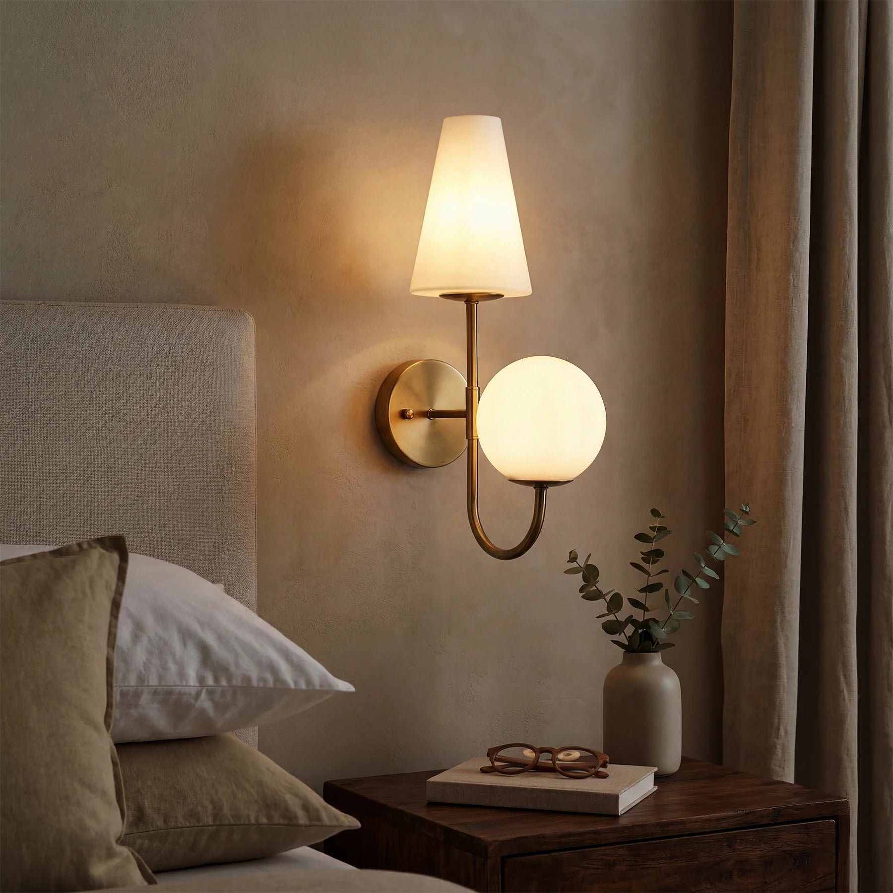 Gold Double-Headed Wall Sconce, Elegant Wall Lamp with Milky White Glass Shade, Metal Wall Light Fixtures for Bedroom