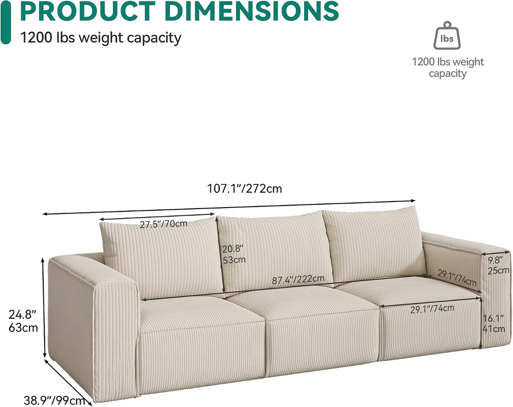Oversized Deep Modular Sectional Sofa, 3-Seat Couch with 3 Pillows | Corduroy Sectional Couches for Living Room, Apartment, Office, Hotel, Bedroom, No Assembly Needed, Milky White