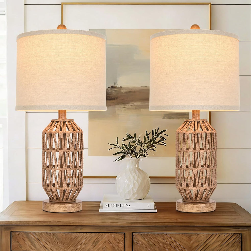 22.5” Rattan Table Lamp Set of 2, Woven Boho Lamp for Bedroom Living Room, 11X11X9 Fabric Drum Shade, E26 Base (Max 60W), Stable Wood Base for Nightstand Console