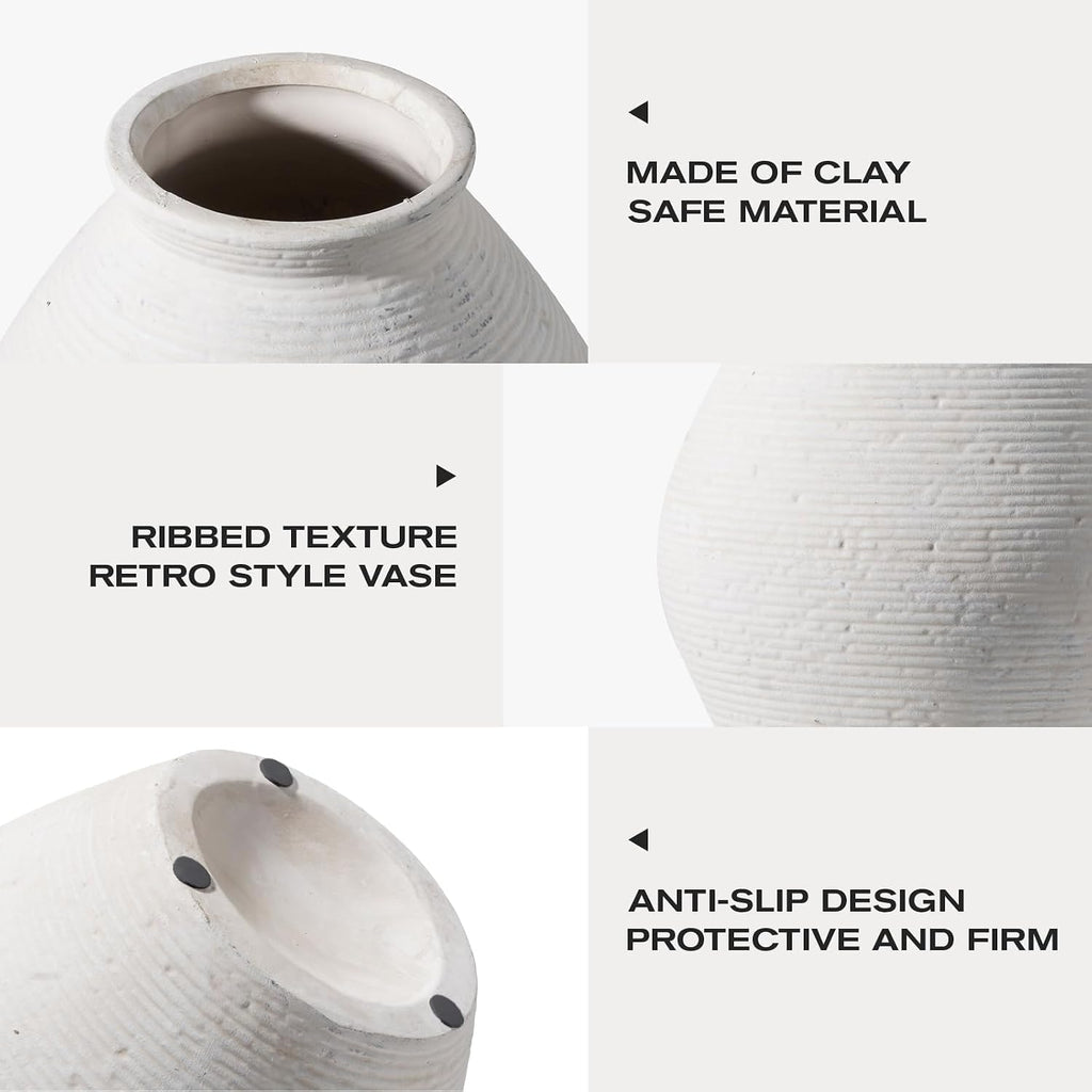 Ceramic Large Rustic round Vase-11.8" Beige Pottery Textured White Ceramic Vase-Big Terracotta Vase Large Vases for Decor Living Room, Farmhouse Decor, Bedroom, Bathroom-(Off-White)