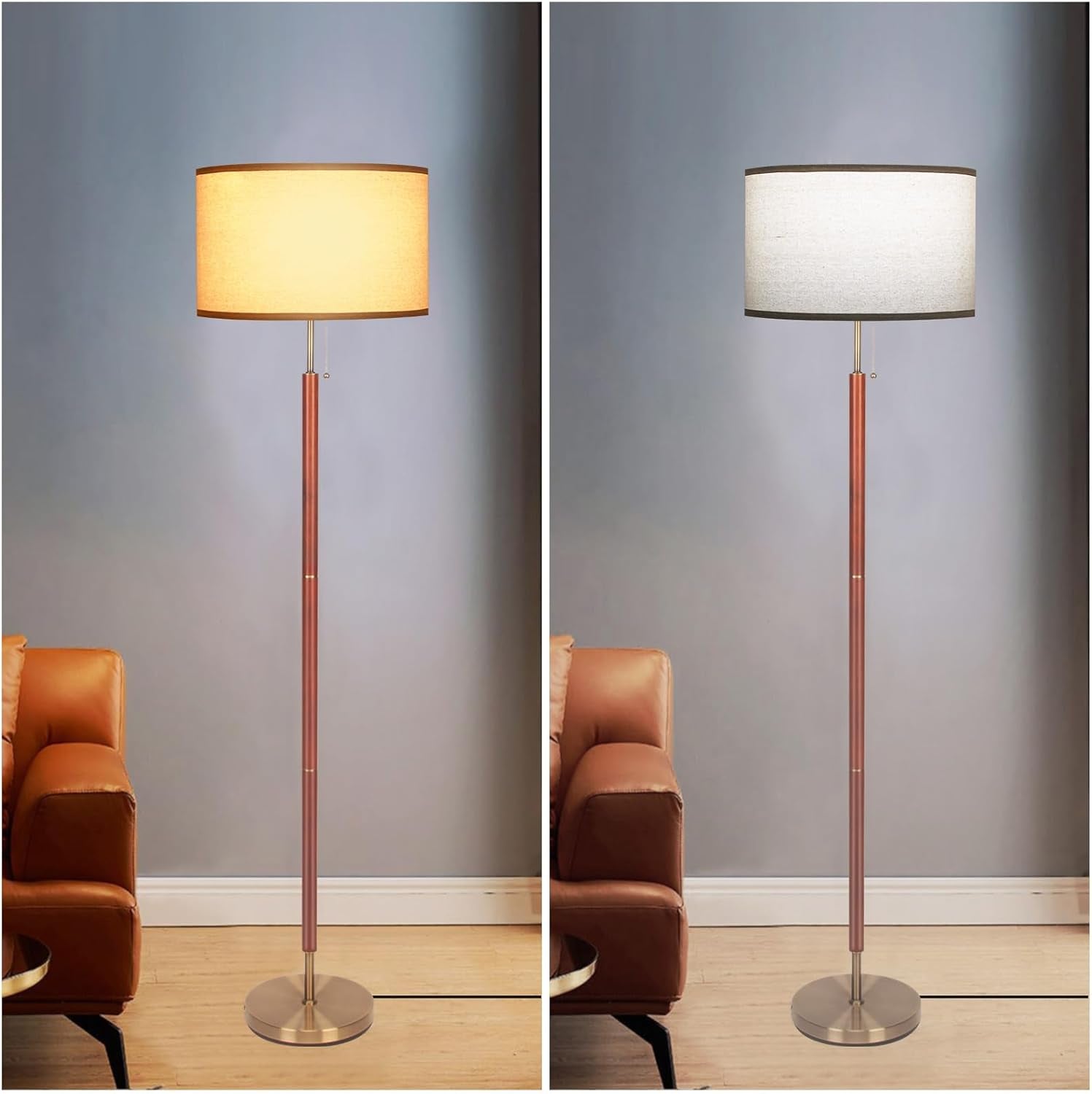 Mid-Century Modern Floor Lamp, Walnut Wood Finish, Drum Shade, Living Room Décor (64In, E26 LED)