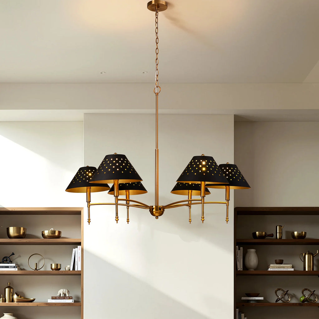 Tribesigns 6-Light Gold Chandelier with Matte Black Lampshade, 35" Farmhouse Dining Room Light Fixture over Table