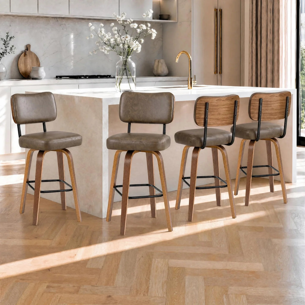 3 Pack Counter Height Bar Stools, Swivel Bar Stools with Back & Wood Legs,Faux Leather Upholstered Counter Stools for Kitchen Counter