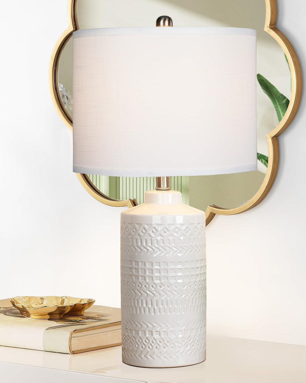 24.5" White Ceramic Table Lamp 3-Way Dimmable Nightstand with White Linen Shade Bedside Lamp for Bedrooms & Living Room Office Reading(Bulb Included)