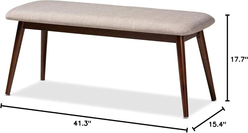 Flora Mid-Century Dining Bench Light Grey Fabric Upholstered Walnut Finished Wood Dining Bench
