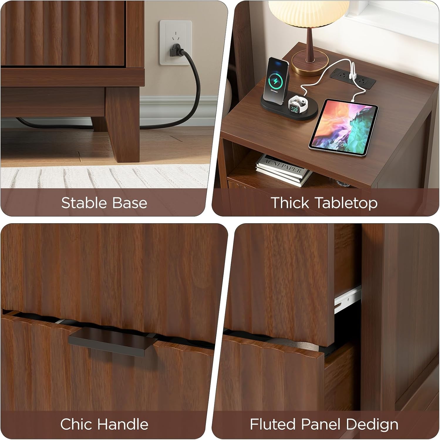Fluted Nightstand with Charging Station, Modern Night Stand with 2 Slide Drawers and 1 Open Shelf, Walnut End Table with Metal Handles, Bedside Table for Bedroom, 17.7 X 17.7 X 23.6In