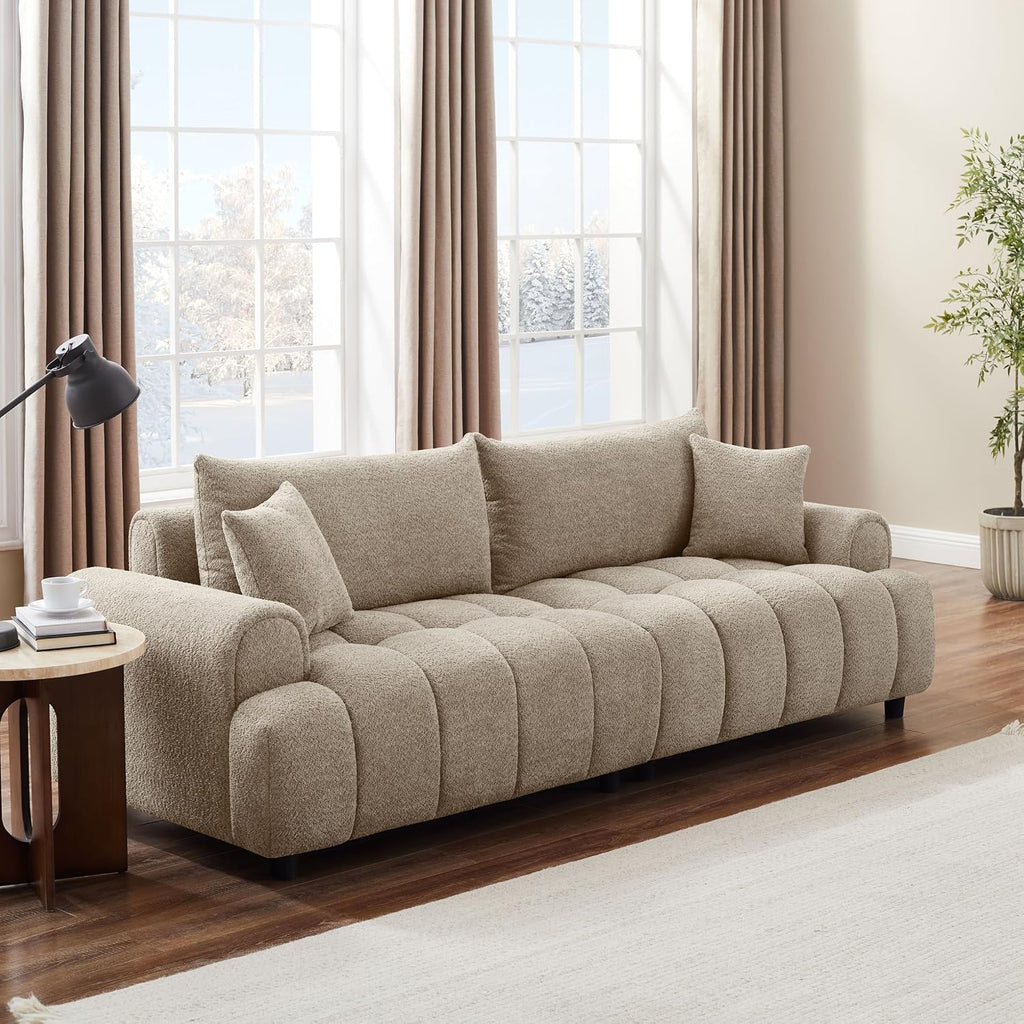91" Boucle Tufted Sofa, 3 Seater Cloud Couch with Pillows, Camel | Upholstered Cloud Couches, Modern Deep Seat Sherpa Couch for Living Room, Bedroom, Apartment, Comfy Sofa with Back Pillows