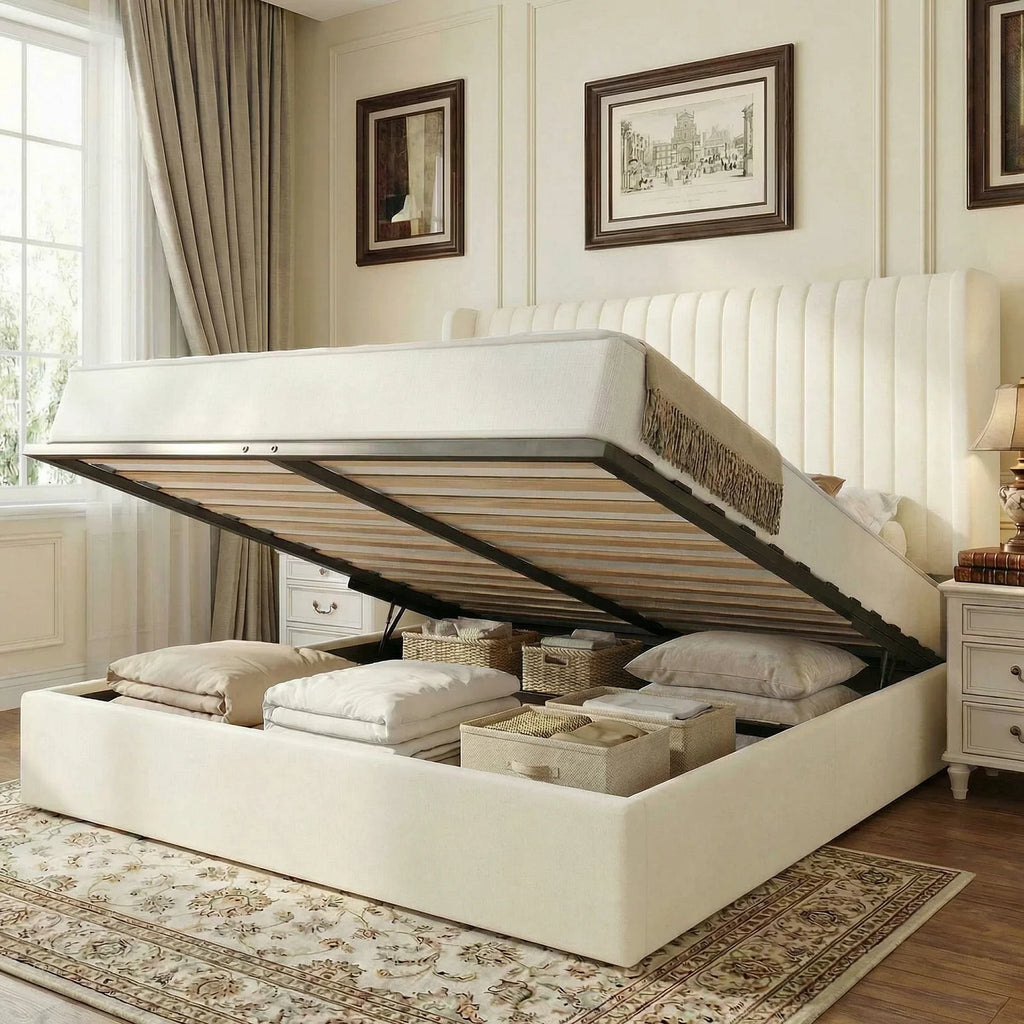 Upholstered lift up storage platform bed