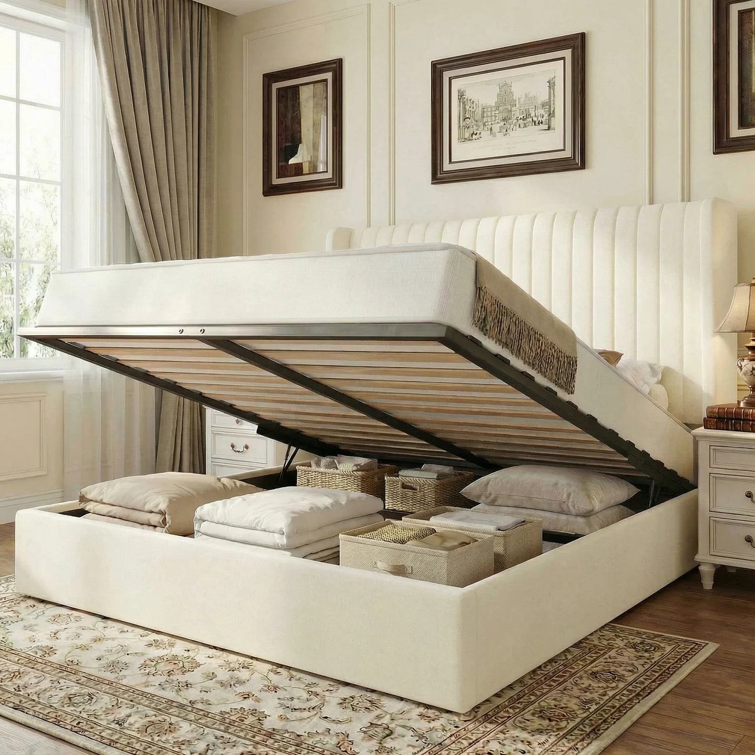 Upholstered lift up storage platform bed