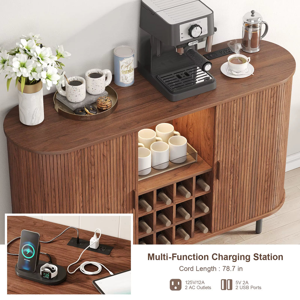 Wine Bar Cabinet W/ LED Light,Liquor Cabinet for Home,Coffee Bar Cabinet W/ Wine Rack & Glass Holder,Walnut Buffet Sideboard