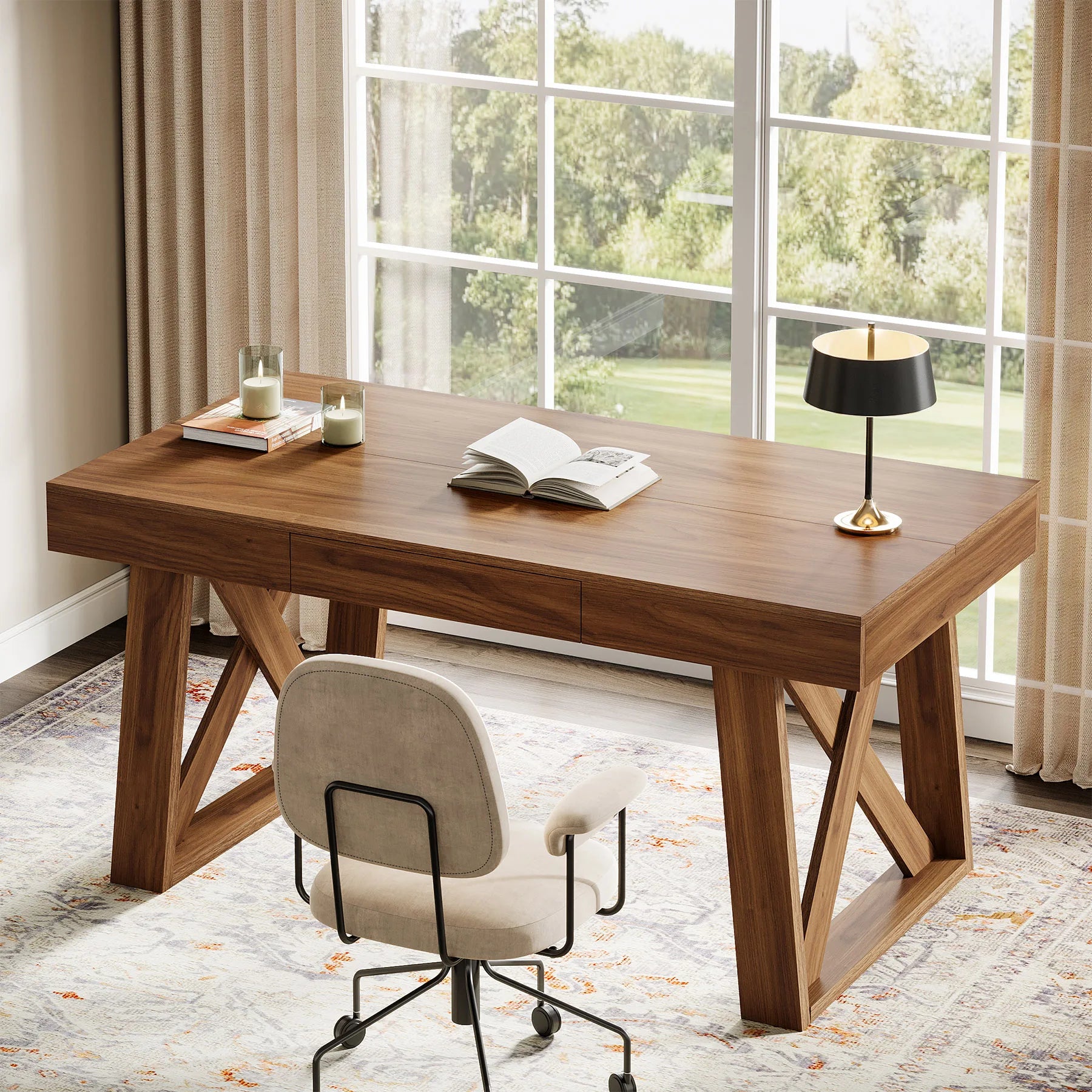 55 Inch Walnut Computer Desk with Drawer, Mid-Century Farmhouse Executive Desk, Rustic Wide Desktop Home Office Desk for Workstation