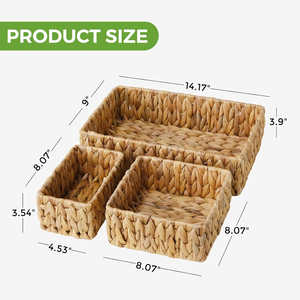 Wicker Storage Baskets Set of 3, Large and Small Wicker Pantry Baskets Set | Handwoven Water Hyacinth Baskets for Organizing, Decorative Natural Woven Baskets 3Pack for Toilet Shelves, Boho Decor
