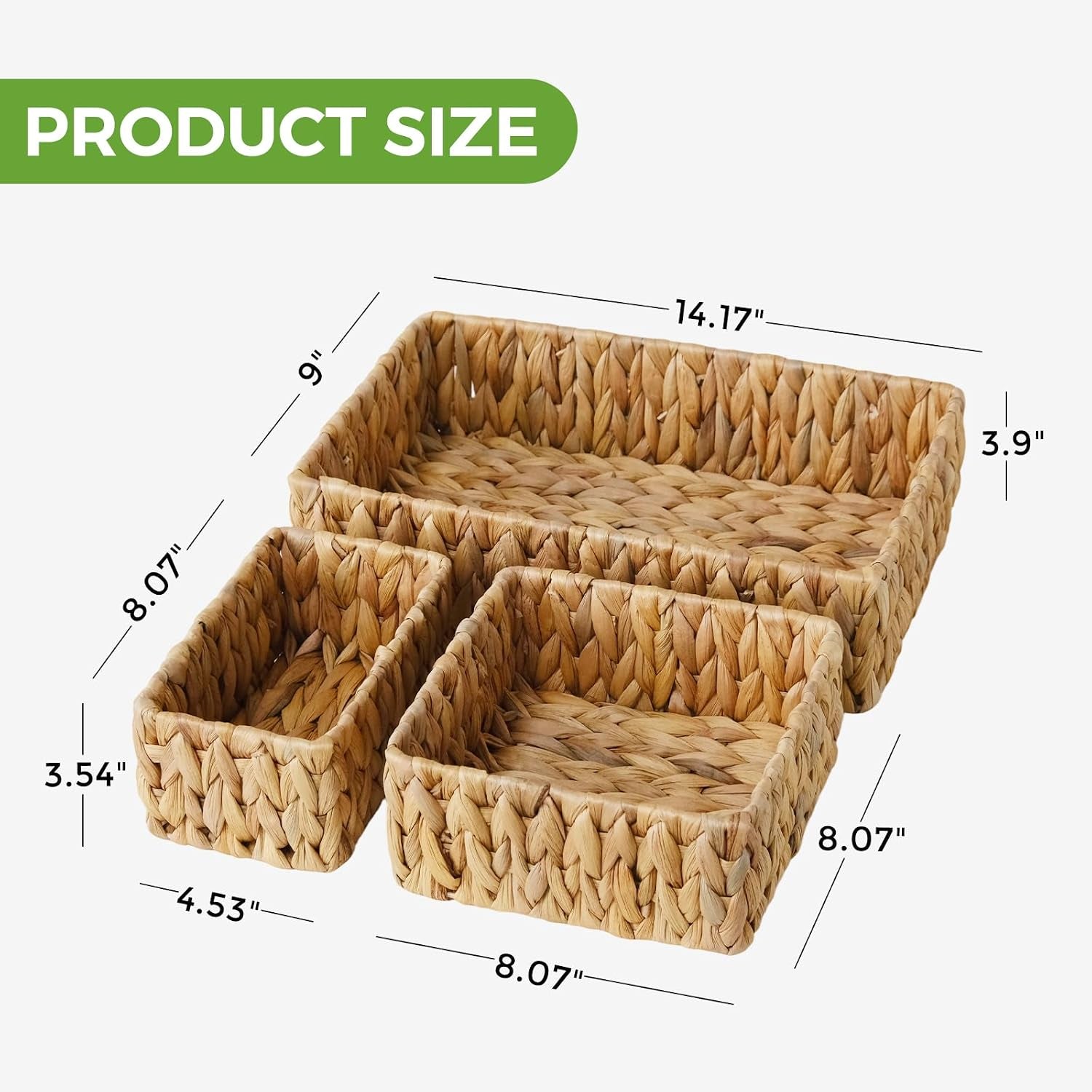 Wicker Storage Baskets Set of 3, Large and Small Wicker Pantry Baskets Set | Handwoven Water Hyacinth Baskets for Organizing, Decorative Natural Woven Baskets 3Pack for Toilet Shelves, Boho Decor