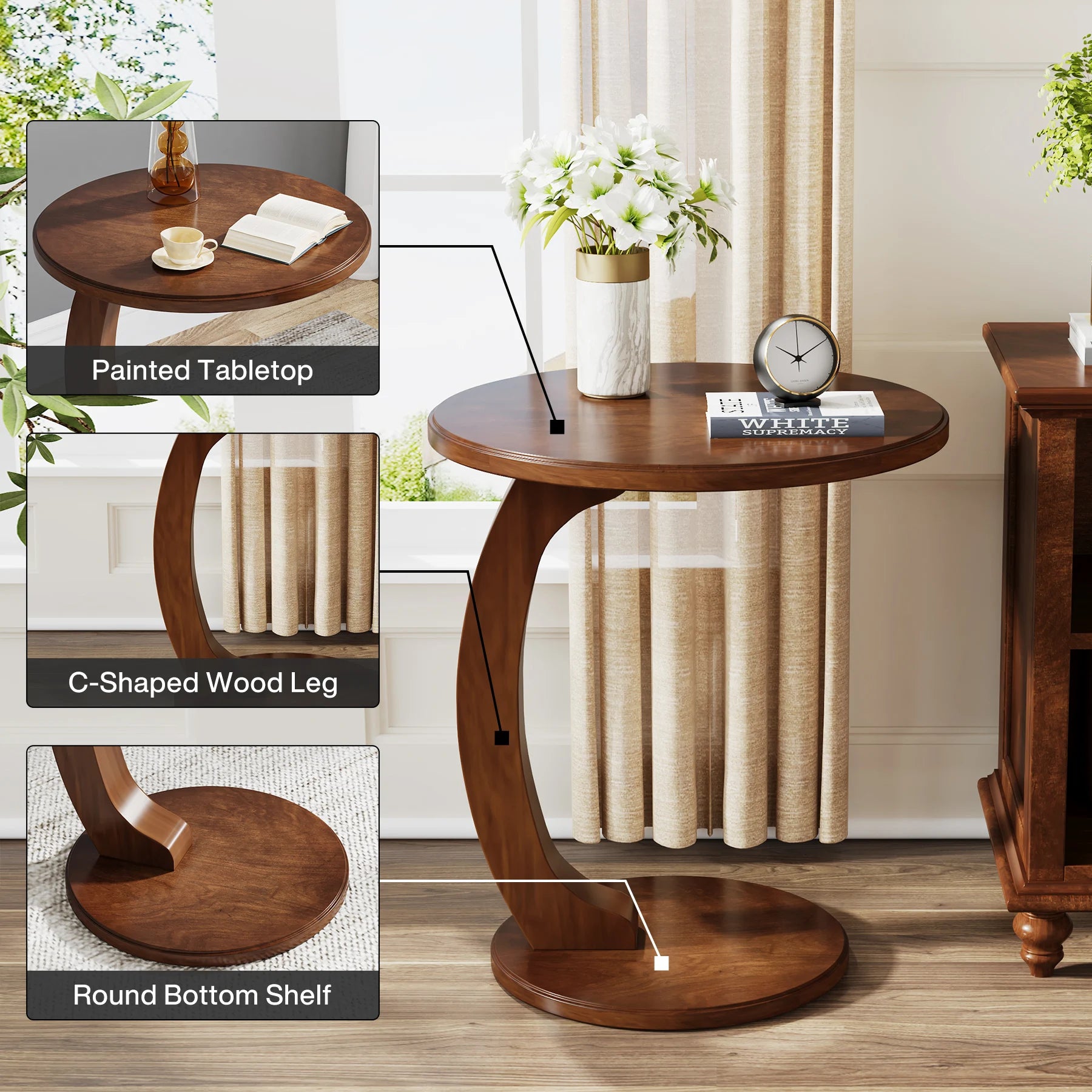 round End Table, Wood C-Shaped Side Table, Small Couch Side Table, Mid-Century End Table, Retro Side Table