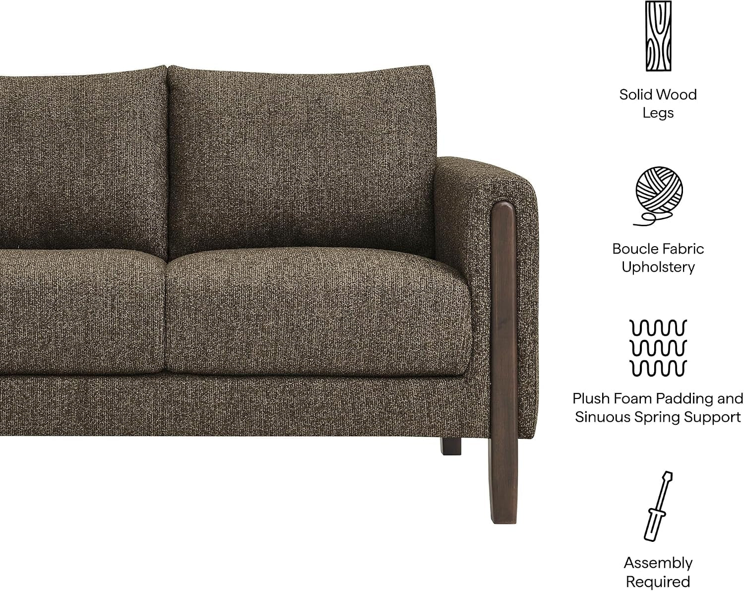 Hawken 54 Inch Boucle Loveseat in Antique Espresso with Wood Legs – Mid-Century Modern Small Space 2-Seater Sofa for Living Room, Bedroom, or Office Lounge