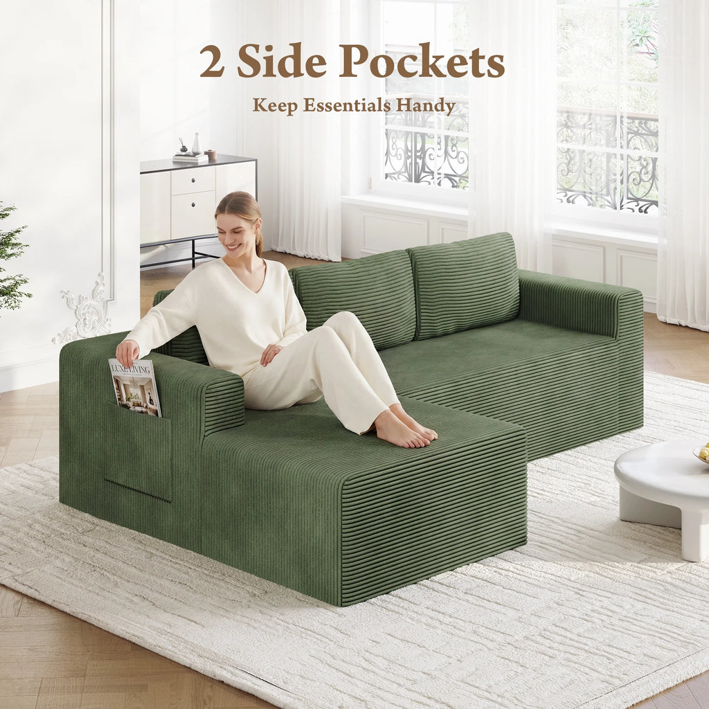 Modular Sectional Sofa Couches L-Shape Couch 3 Seat Modular Sofa Memory Foam Sectional Couches for Living Room, Cloud Couch with Oversized Chaise (Green Stripe, 94.5" Left Facing Chaise)