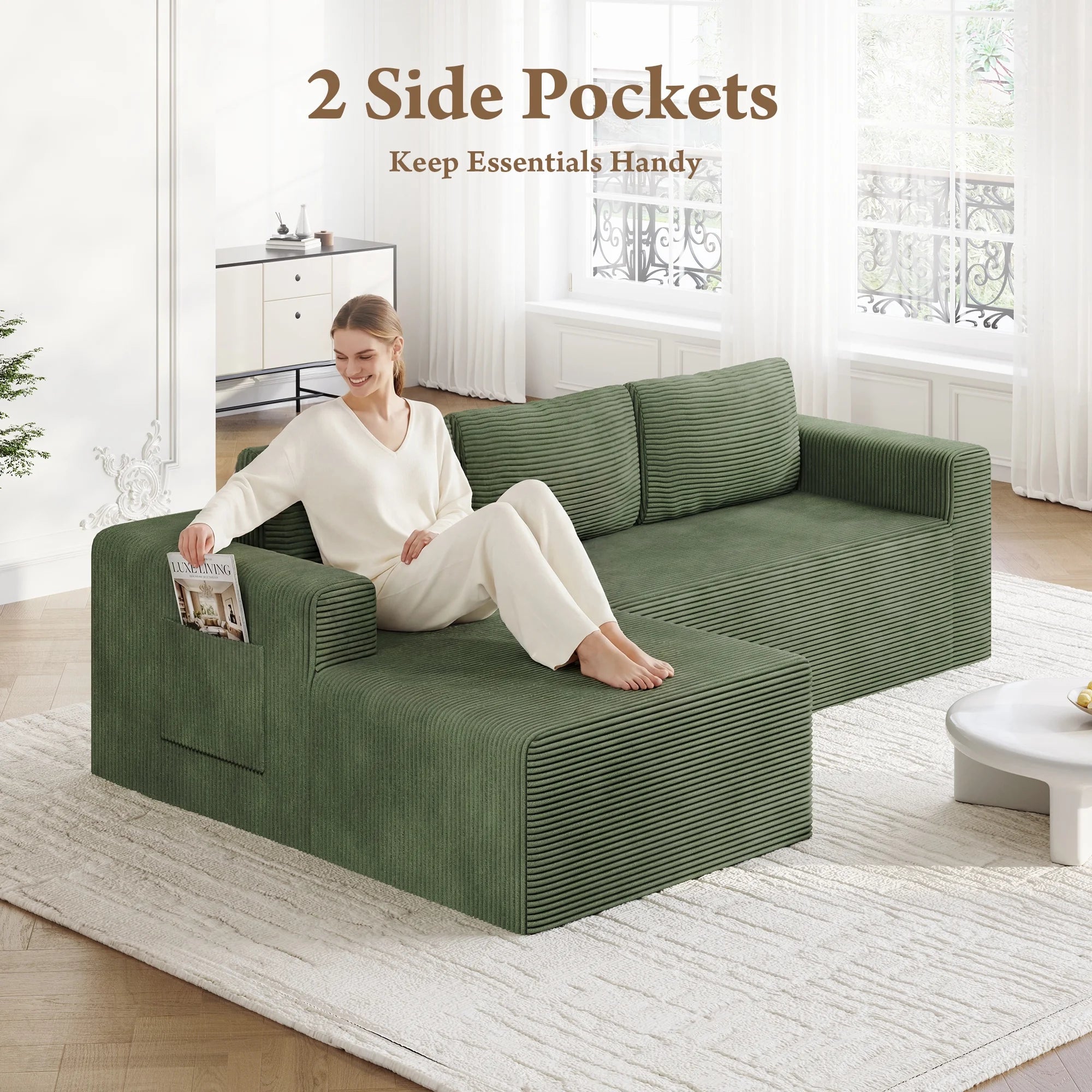 Modular Sectional Sofa Couches L-Shape Couch 3 Seat Modular Sofa Memory Foam Sectional Couches for Living Room, Cloud Couch with Oversized Chaise (Green Stripe, 94.5" Left Facing Chaise)
