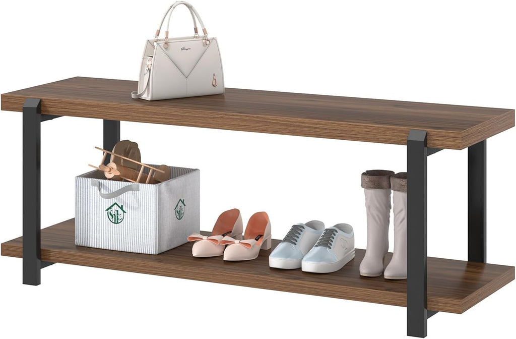 Entryway Bench with Shoe Storage, Modern End of Bed Bench, Wood and Metal Entry Bench for Hallway Front Door Entrance, Industrial Indoor Bench for Bedroom Living Room, Rustic Walnut, 47 Inch