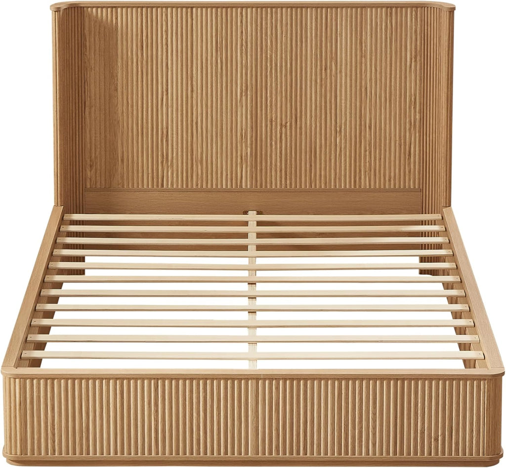 Queen Bed Frame with 44" Tall Fluted Headboard, Natural Oak Platform Bed Frame, Modern Wood Bed Frame with Solid Slats, No Box Spring Needed, Noise-Free, Easy Assembly