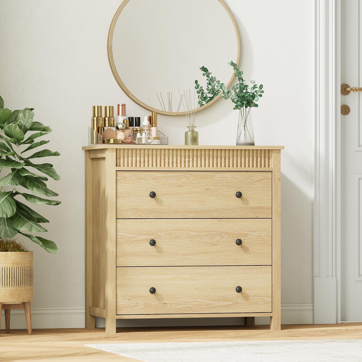 31.5" Fluted Nightstand with 3 Drawers, Modern Wooden Bedside Table with Storage, Oak Night Stand for Bedroom, Large End Table with Spacious Top