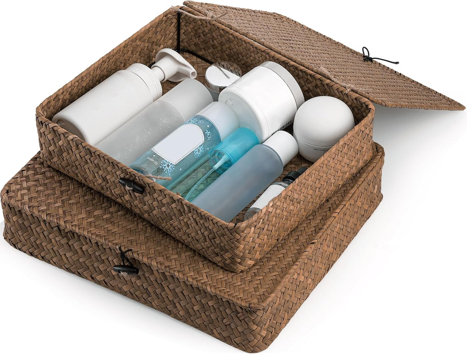 2 Pack Flat Wicker Woven Storage Bins with Lid and Wood Toggle, Natural Handmade Seagrass Basket Set, Rattan Organizer Bins for Shelf, Closet, Bedroom