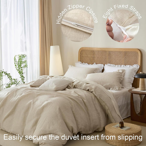 100% French Linen Queen Duvet Cover Set, Organic Linen | Organic French Linen 3PC Duvet Cover Set,Cooling for Hot Sleepers,Moisture Wicking Durable,Ruffle Pillow Shams,Natural Linen