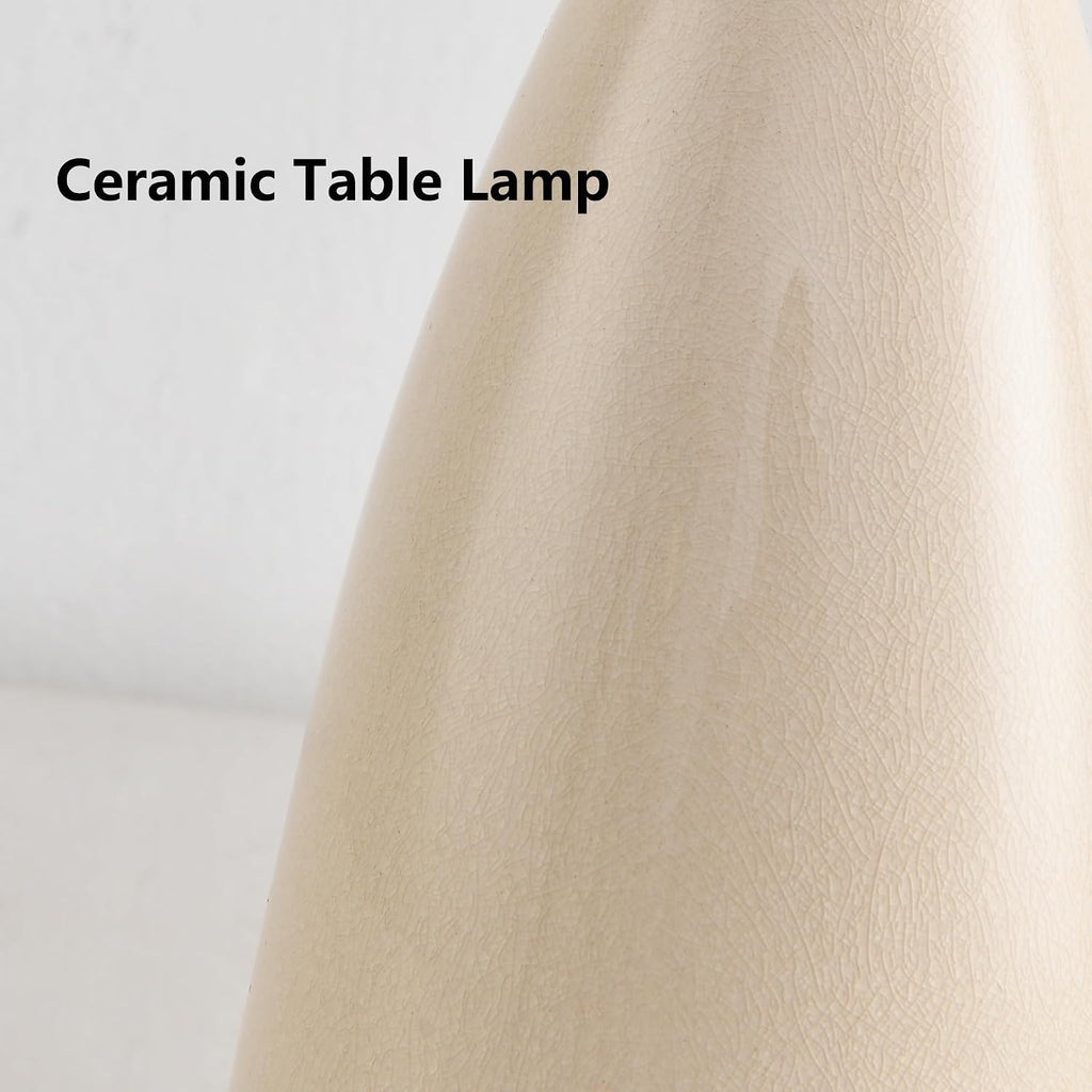 Farmhouse White Ceramic Table Lamp for Bedroom, Touch Dimmable Nightstand Lamps with Fabric Shade, 6W E26 Ceramic Lamp with USB a + C Port for Living Room Bedside Buffet