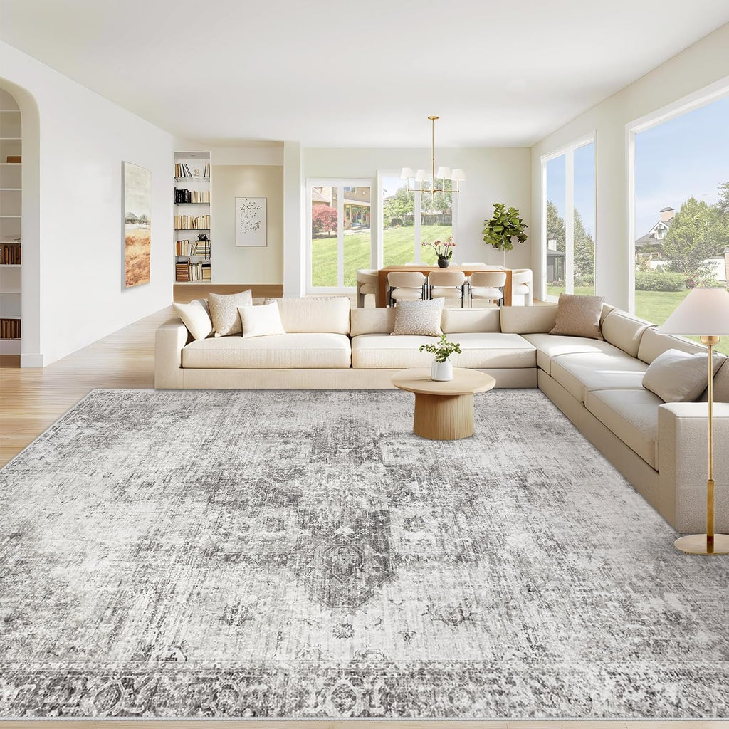 Area Rug 8X10 Washable Rug, Vintage Boho Medallion Rugs Non-Slip Soft Low Pile Large Distressed Rug Indoor Retro Carpet for Living Room Bedroom Dining Room Home Office (Grey, 8'X10')