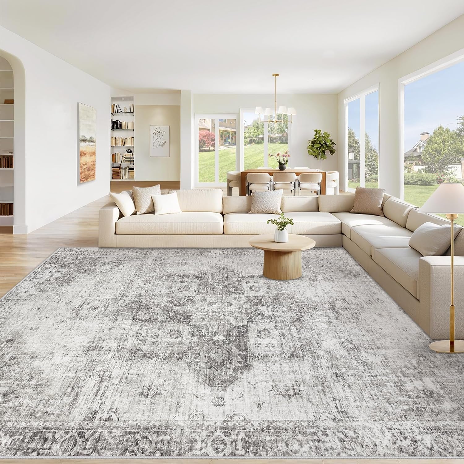 Area Rug 8X10 Washable Rug, Vintage Boho Medallion Rugs Non-Slip Soft Low Pile Large Distressed Rug Indoor Retro Carpet for Living Room Bedroom Dining Room Home Office (Grey, 8'X10')