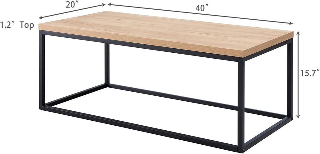 40" Natural Oak Coffee Table, Extra Thick 1.2" Top | Modern Industrial Style, Black Metal Legs, Rectangle Minimalist Design, Sturdy & Easy Assembly