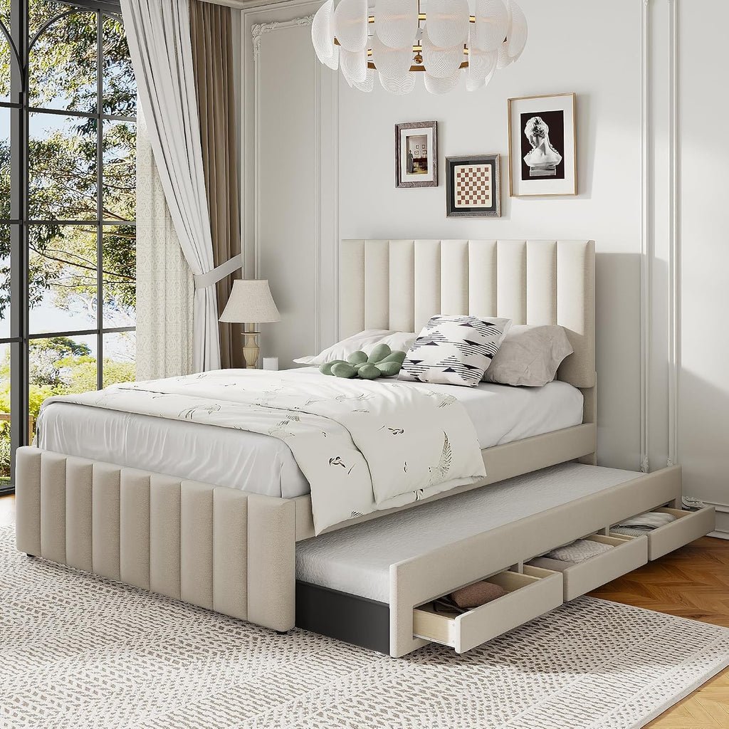 Full Size Bed Frame with Twin Trundle Bed and Storage Drawers,Linen Upholstered Bed Frame,Full Size Trundle Bed with Adjustable Headboard for Kids Teens Adults,Beige