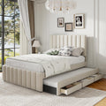 Full Size Bed Frame with Twin Trundle Bed and Storage Drawers,Linen Upholstered Bed Frame,Full Size Trundle Bed with Adjustable Headboard for Kids Teens Adults,Beige