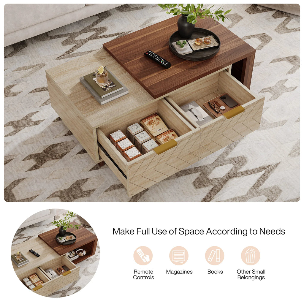 Extendable wood coffee table with storage drawers