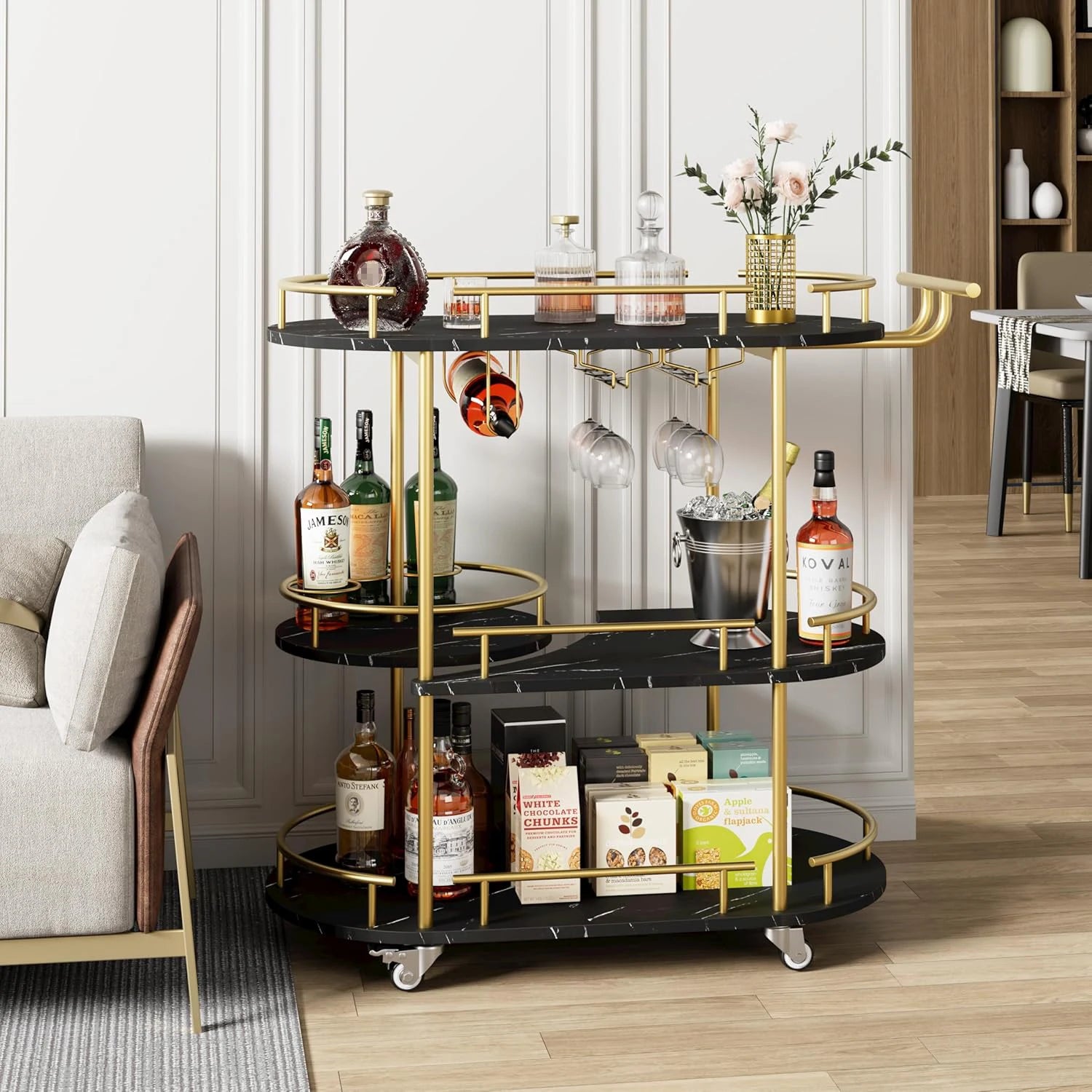 Gold Bar Cart 3 Tier Bar Carts for the Home Rotated Bar Cart Gold with Wine Rack and Glass Holder, Bar Serving Cart with Wheel