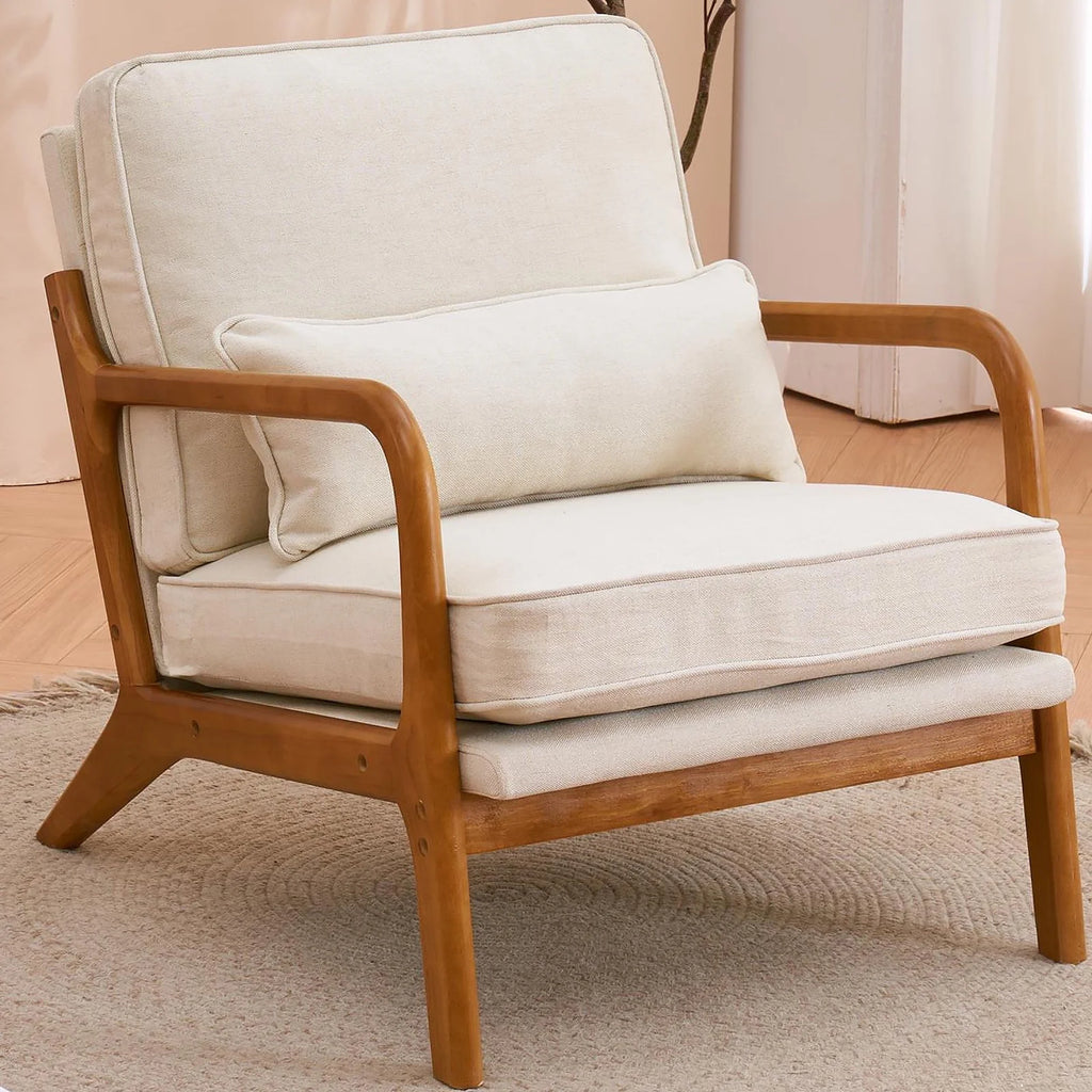 Modern Arm Chair Linen Fabric Upholstered Comfy Reading Accent Chair with Solid Wood Frame Beige