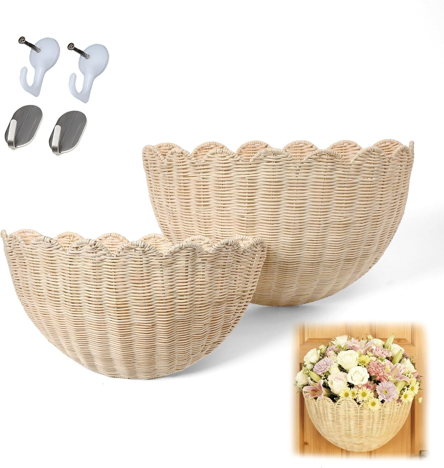 Set of 2 Scalloped Woven Rattan Wall Hanging Baskets, Decorative Wall Storage Baskets for Nursery, Bathroom, Kitchen, Farmhouse & Entryway Decor