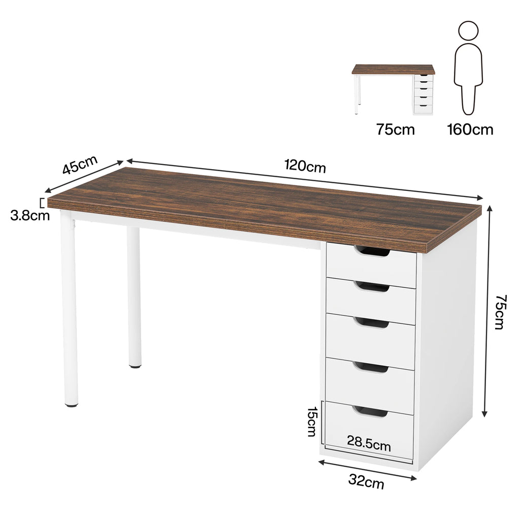 Computer Desk with 5 Drawers, 47 Inches Rustic Brown Home Office Desk with Storage, Modern Simple Laptop Desk Study W