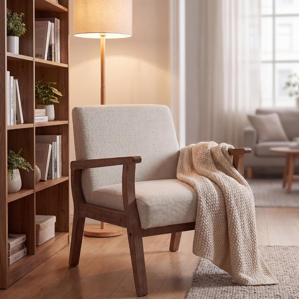 Mid Century Modern Accent Chair Beige Linen Armchair | Solid Wood Frame, Side Chairs for Living Room, Bedroom, Upholstered Sitting Chair, Comfortable Chair