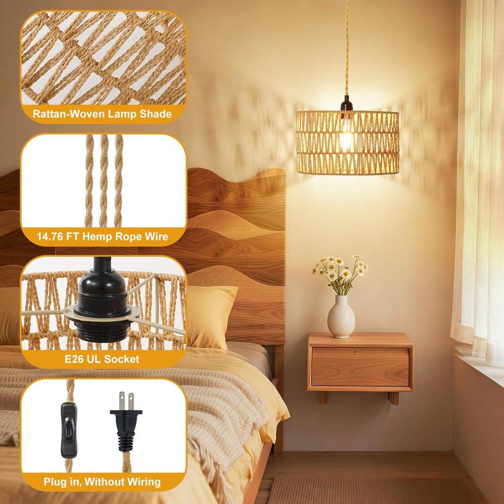 Wicker Pendant Light Plug In, Hand-Woven Jute Swag Light with Adjustable Cord, Boho Plug in Pendant Light Rattan Hanging Lamp for Living Room, Dining Room, Corridor Foyer, Gift Use(Nobulb)