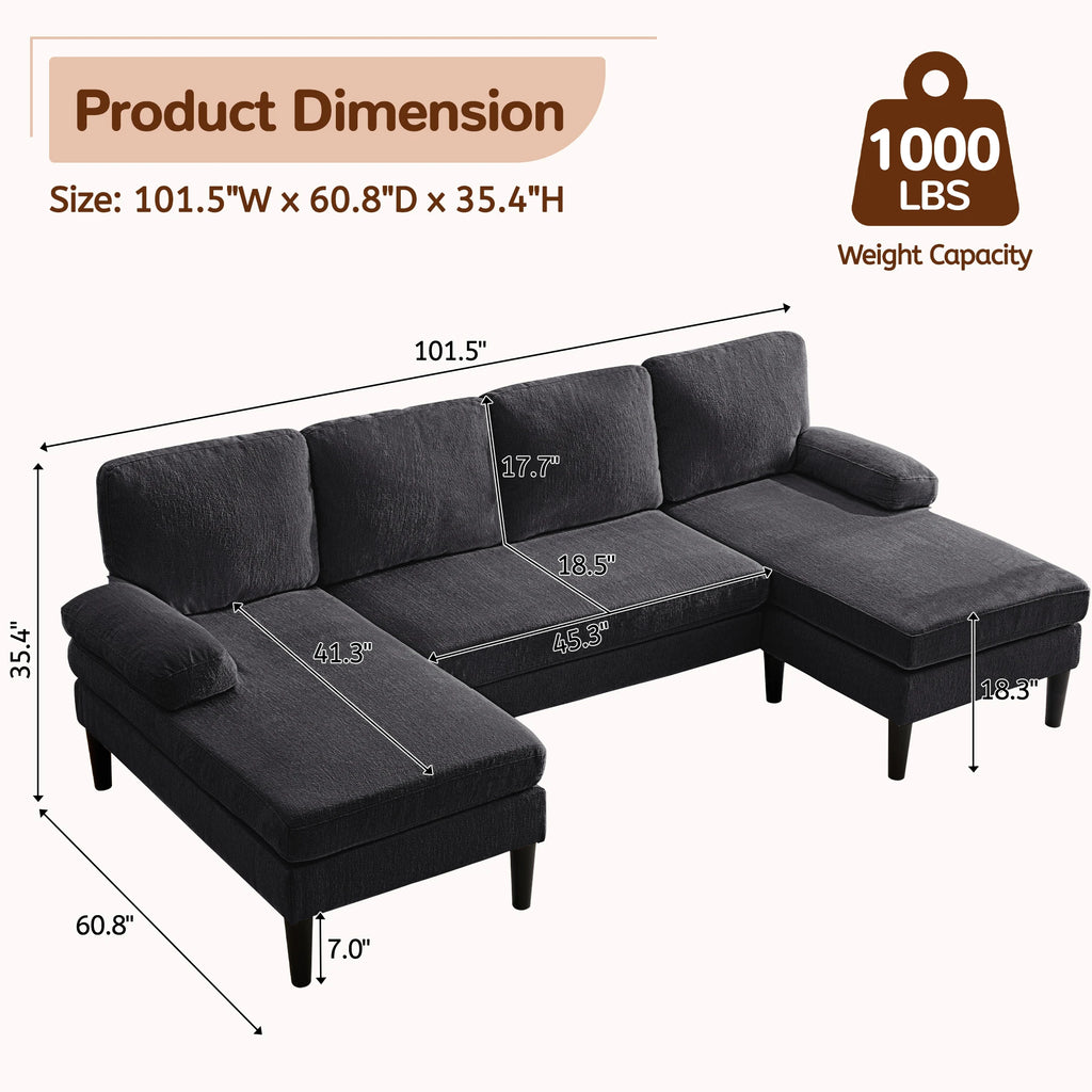U-Shaped Sectional Sofa 4 Seater Lounge Sleeper with Removable Cushions Upholstered Couches for Living Room