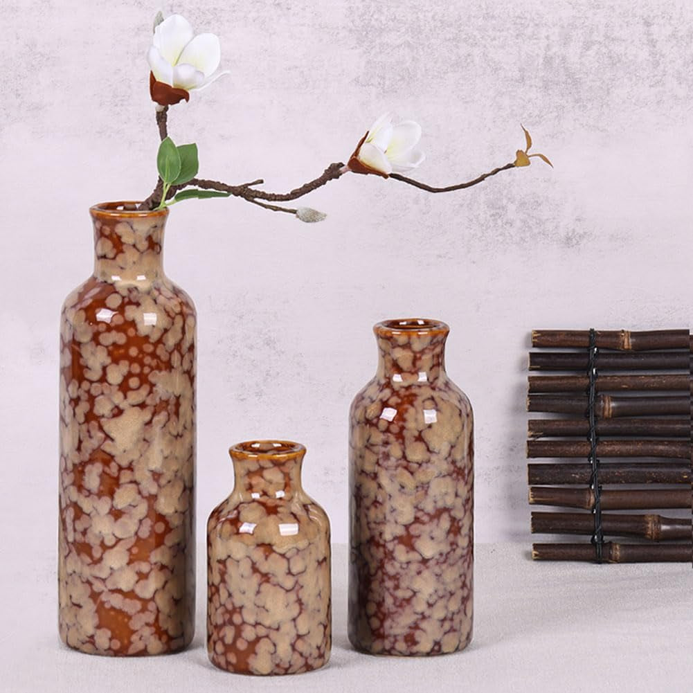 Ceramic Vase Set - 3 Crack Brown Small Vases, Farmhouse Country Flower Vase Home Decor, Living Room Decoration, Table Decoration, Fireplace Decor, and Entrance Decorations Centerpieces