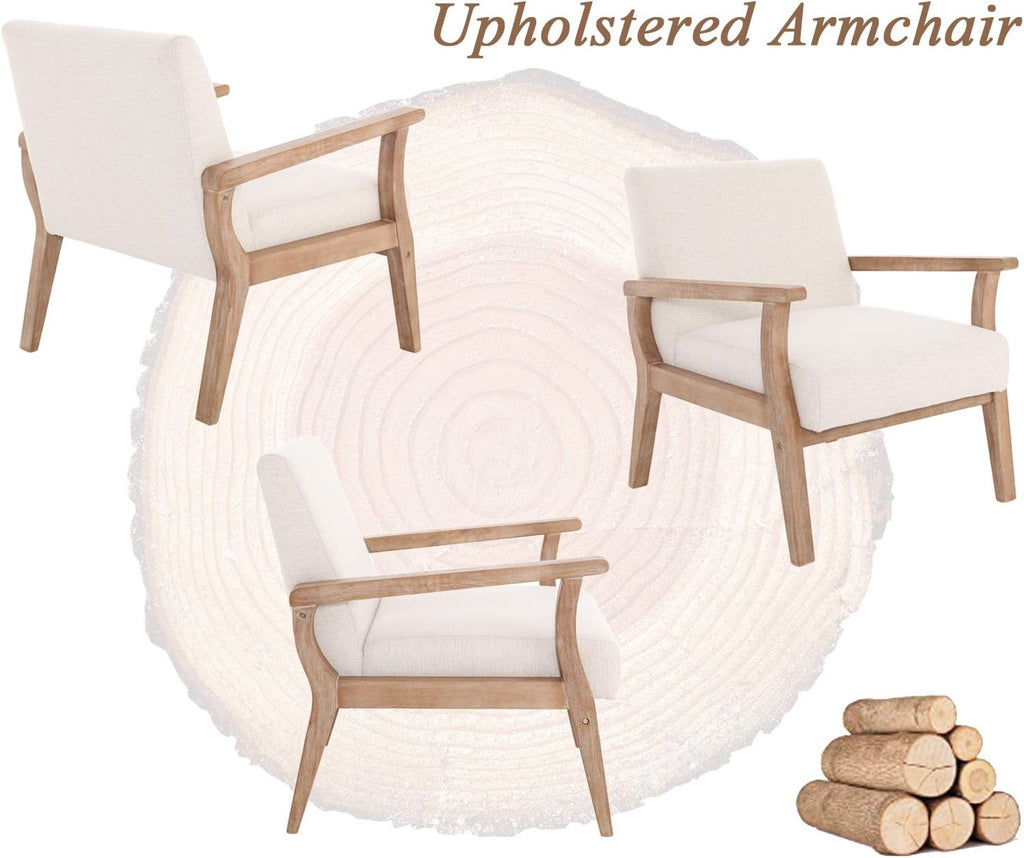 Mid Century Modern Accent Chair Beige Linen Armchair | Solid Wood Frame, Side Chairs for Living Room, Bedroom, Upholstered Sitting Chair, Comfortable Chair